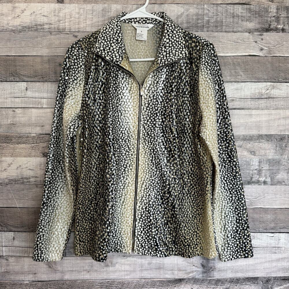 Exclusively Misook Women's Tan/Black Abstract Dot Clear Sequin Full Zip Jacket S